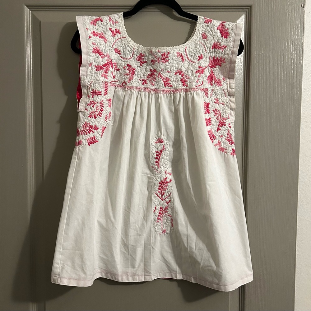 White Sleeveless Top with Pink Embroidery